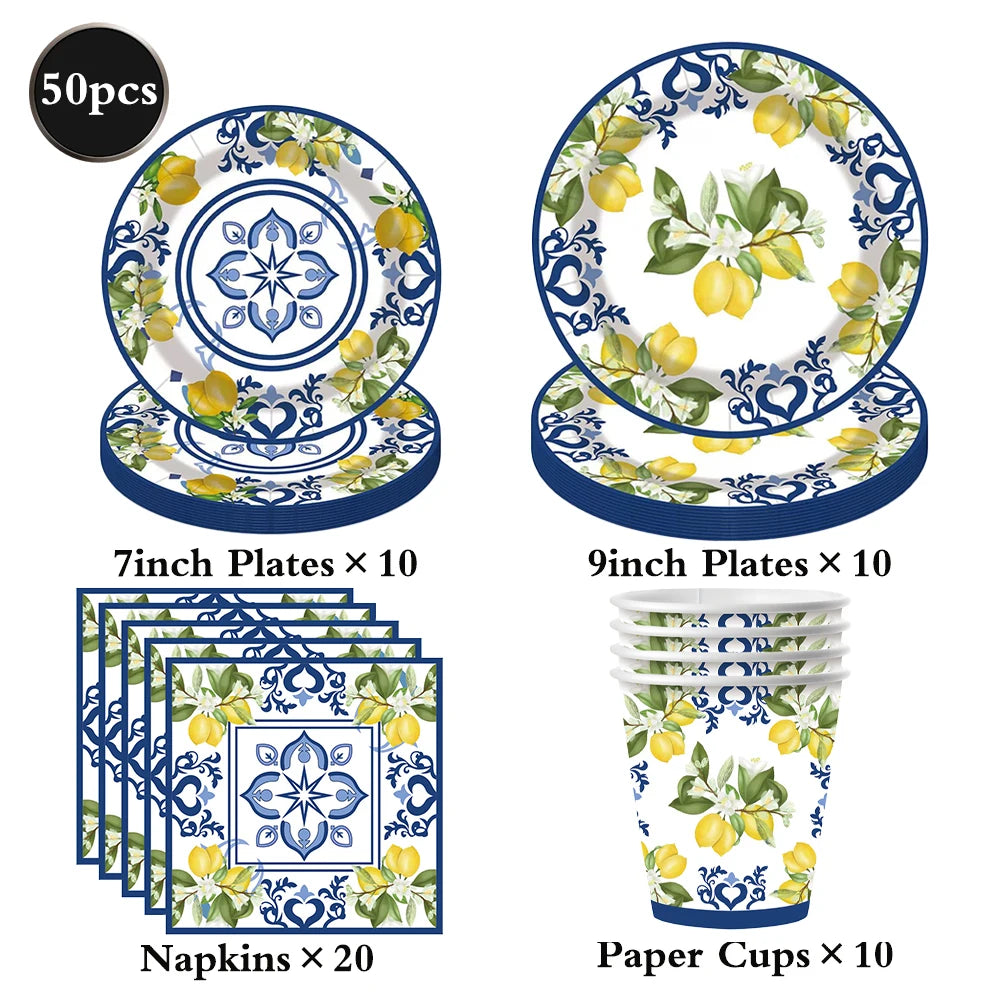 Conjunto de Louças de Festa Mediterrâneo com Azulejos Azuis e Limões, Pratos, Copos e Guardanapos para Decoração de Chá de Panela, Casamento e Aniversário