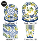 Conjunto de Louças de Festa Mediterrâneo com Azulejos Azuis e Limões, Pratos, Copos e Guardanapos para Decoração de Chá de Panela, Casamento e Aniversário