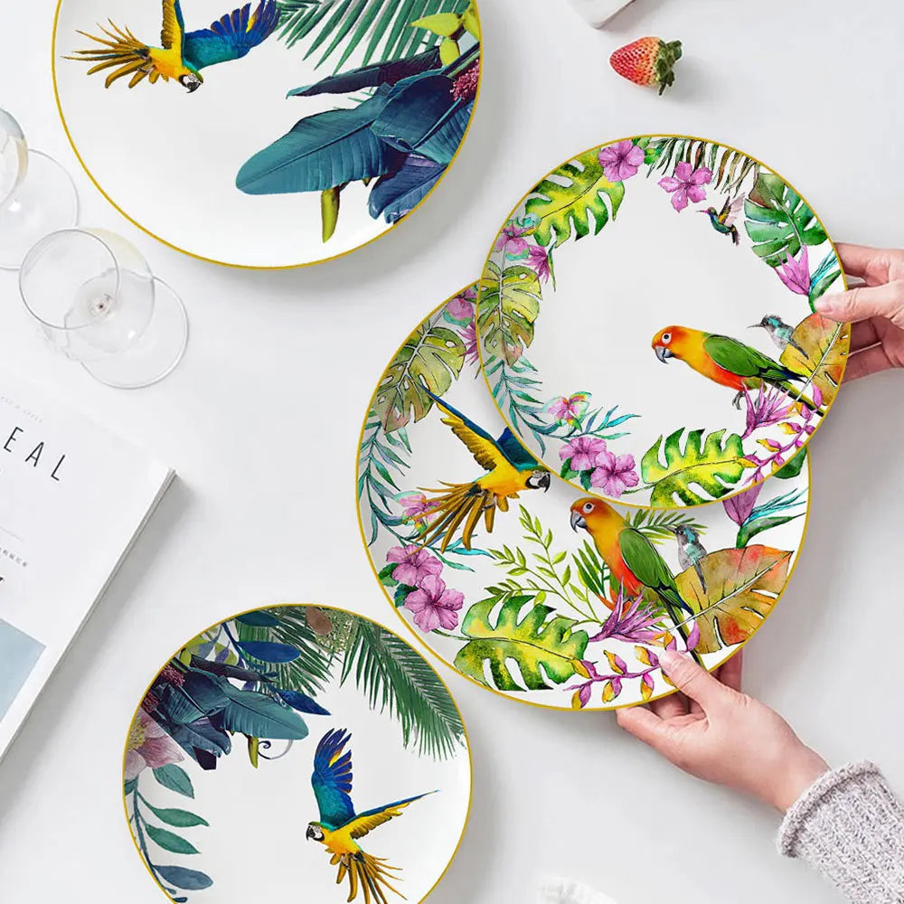 Conjunto de Pratos de Jantar Estilo Boêmio com Estampa de Papagaio Tropical e Flores