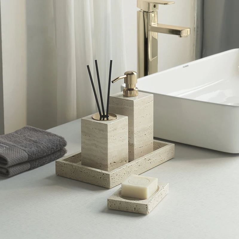 Conjunto de Acessórios de Banheiro em Travertino Luxuoso