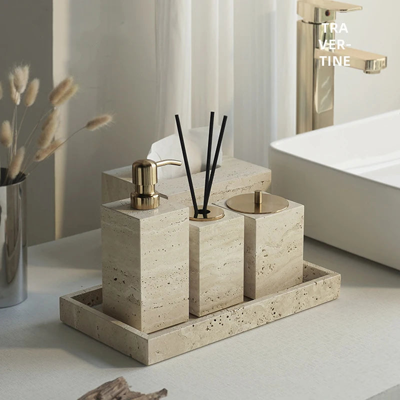 Conjunto de Acessórios de Banheiro em Travertino Luxuoso