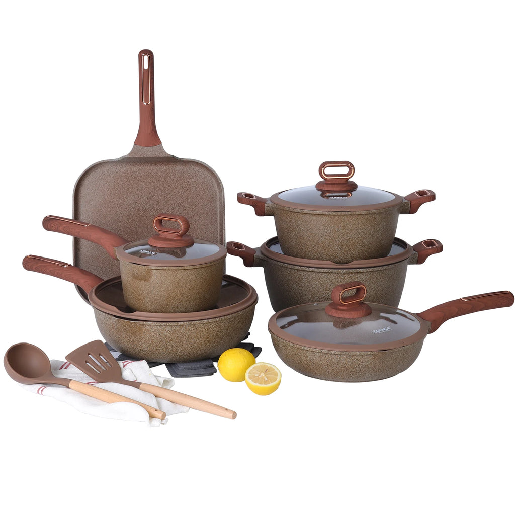 Conjunto de panelas antiaderentes de cerâmica ou granito em tom bege/creme