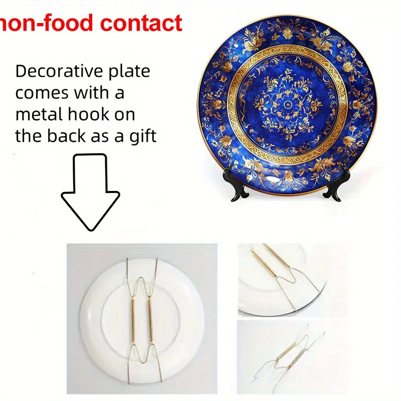 Prato Decorativo em Cerâmica Azul e Dourada com Design Floral Europeu,