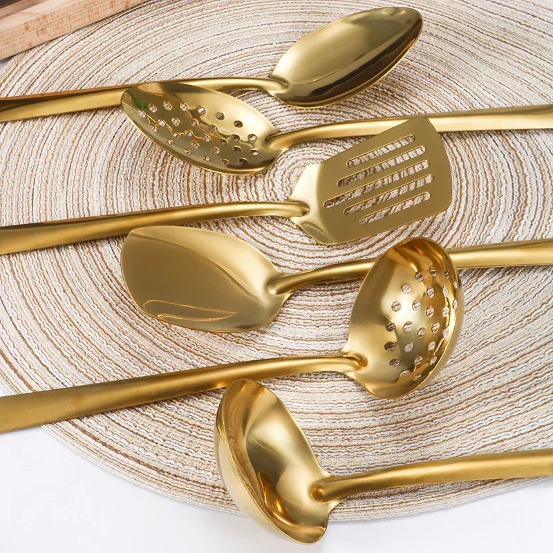 Kit Utensílios Dourados: Aço Inoxidável Premium para Cozinha de Chef
