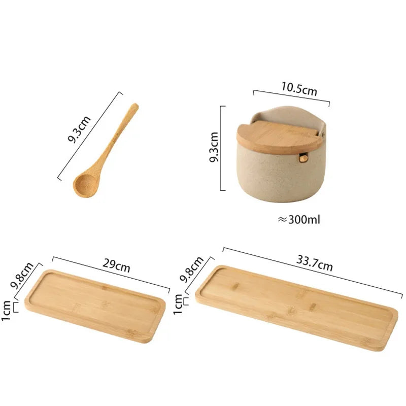 Saleiro ou porta-temperos de cerâmica com colher de bambu