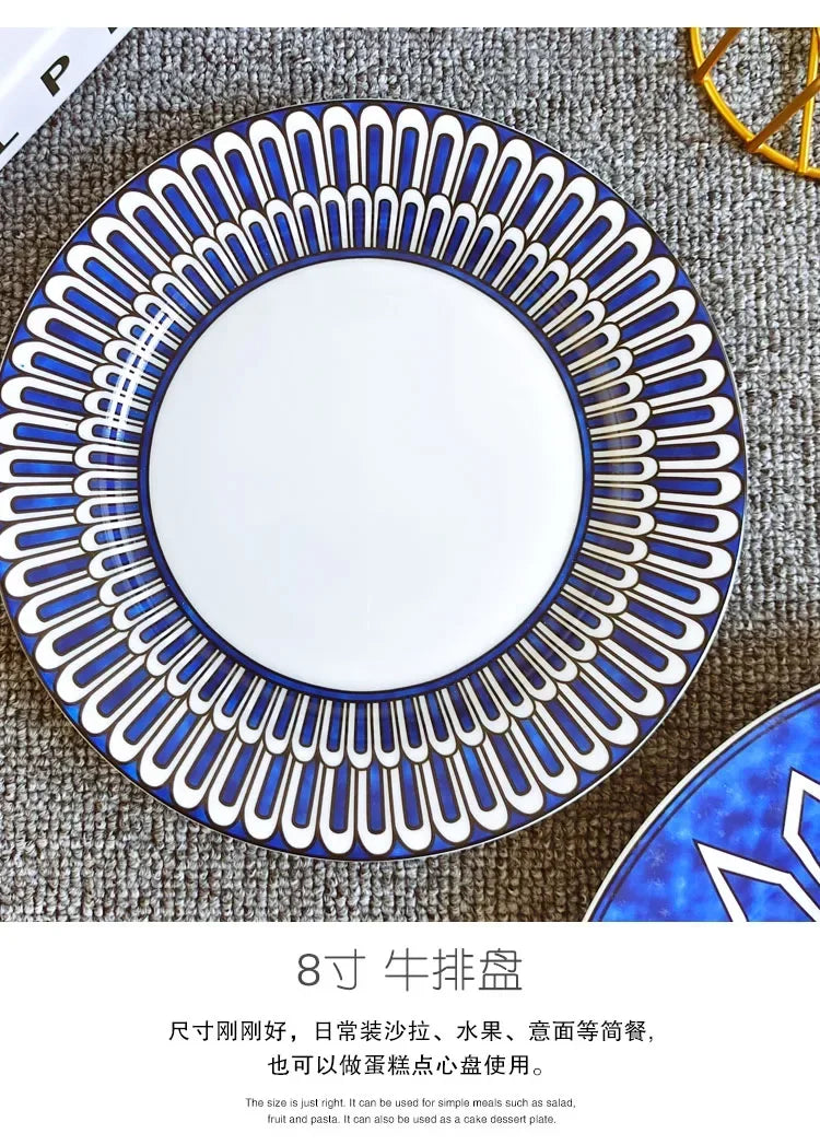 Estilo europeu simples e luxuoso selo azul prato de jantar ocidental bife decoração chá da tarde dim sum bolo talheres
