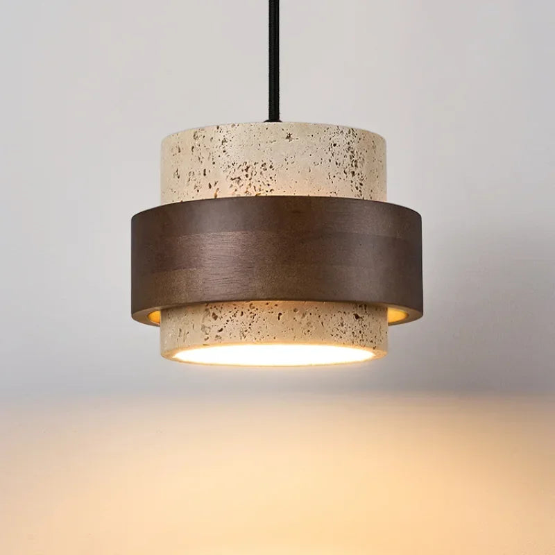 Luminária Pendente Estilo Lustre com Detalhe em Pedra e Madeira