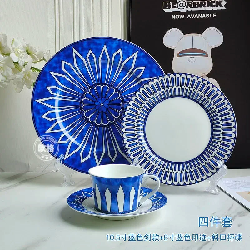 Estilo europeu simples e luxuoso selo azul prato de jantar ocidental bife decoração chá da tarde dim sum bolo talheres