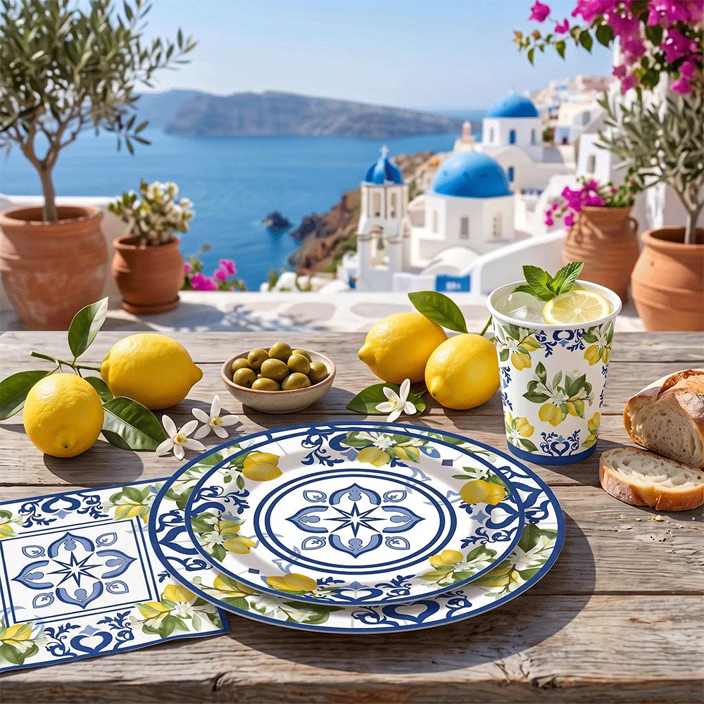 Conjunto de Louças de Festa Mediterrâneo com Azulejos Azuis e Limões, Pratos, Copos e Guardanapos para Decoração de Chá de Panela, Casamento e Aniversário