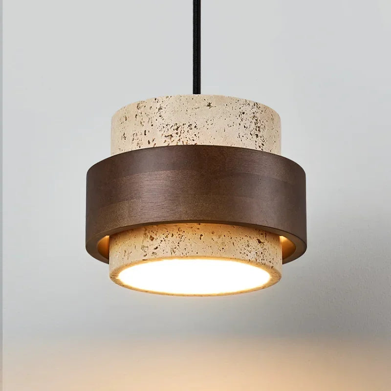 Luminária Pendente Estilo Lustre com Detalhe em Pedra e Madeira