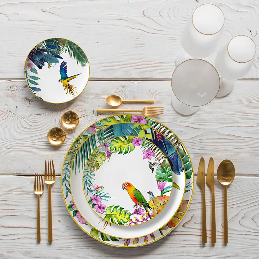 Conjunto de Pratos de Jantar Estilo Boêmio com Estampa de Papagaio Tropical e Flores