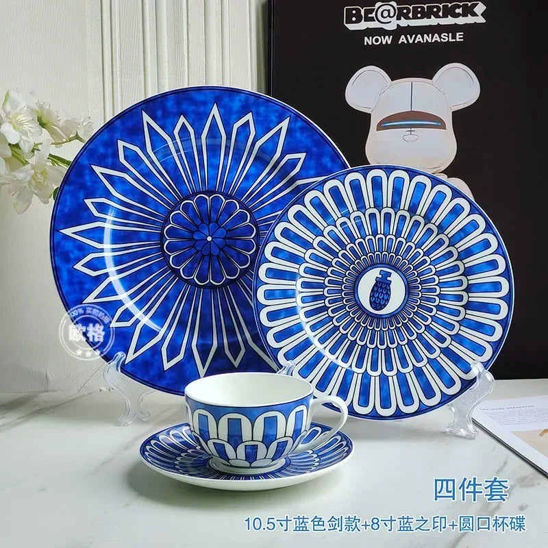 Estilo europeu simples e luxuoso selo azul prato de jantar ocidental bife decoração chá da tarde dim sum bolo talheres
