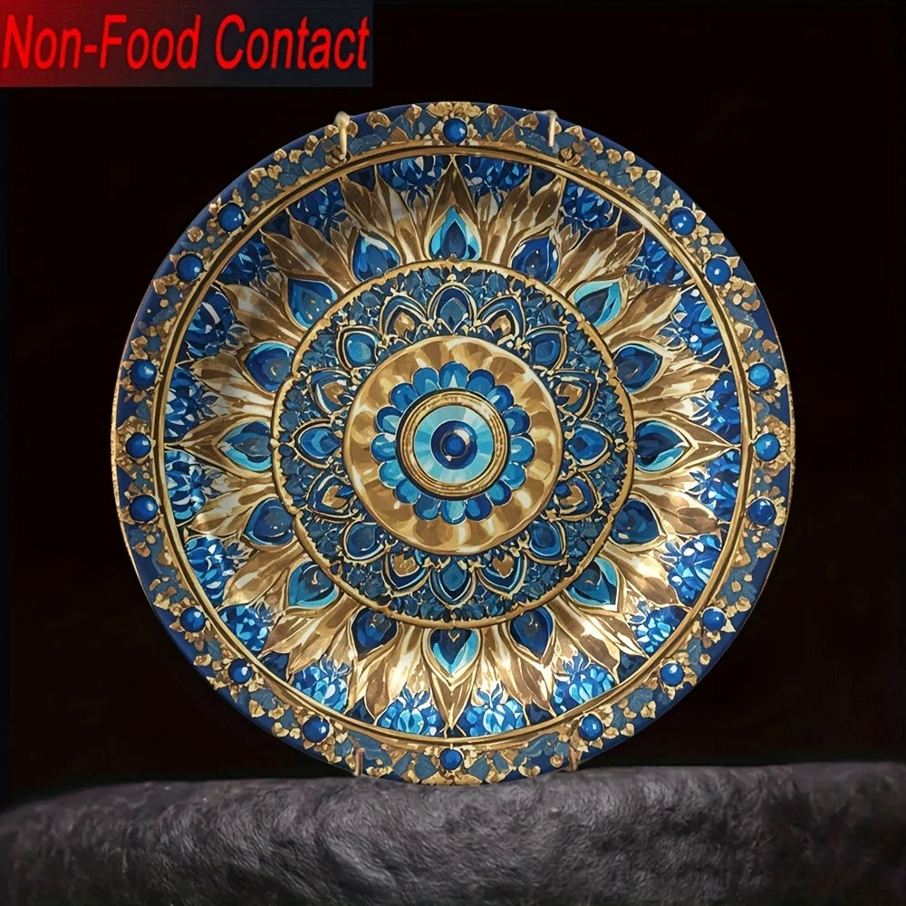 Prato Decorativo de Cerâmica Mandala Azul e Dourado de Luxo