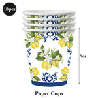 Conjunto de Louças de Festa Mediterrâneo com Azulejos Azuis e Limões, Pratos, Copos e Guardanapos para Decoração de Chá de Panela, Casamento e Aniversário