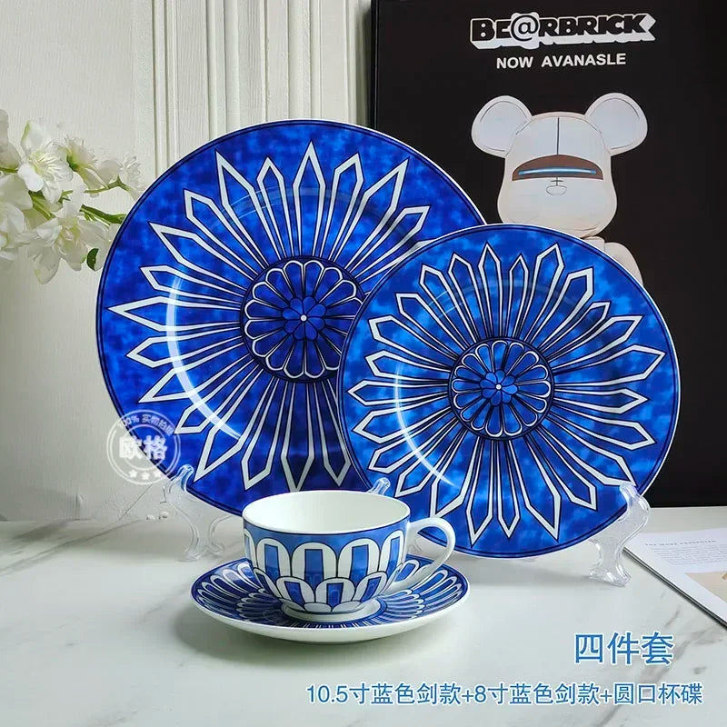 Estilo europeu simples e luxuoso selo azul prato de jantar ocidental bife decoração chá da tarde dim sum bolo talheres