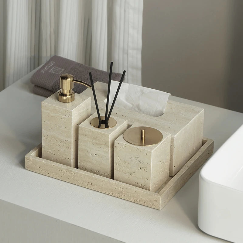 Conjunto de Acessórios de Banheiro em Travertino Luxuoso
