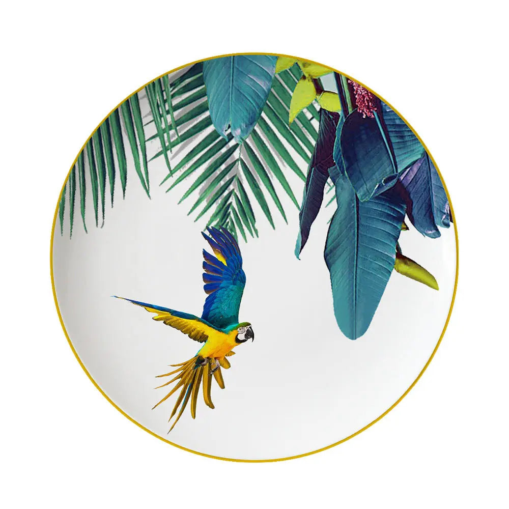 Conjunto de Pratos de Jantar Estilo Boêmio com Estampa de Papagaio Tropical e Flores