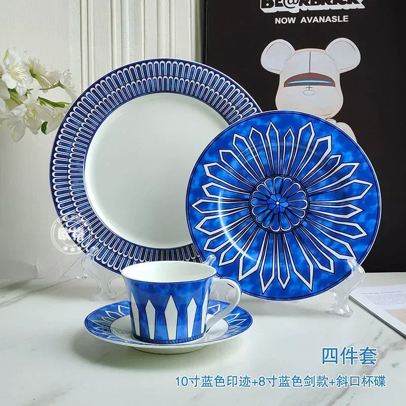 Estilo europeu simples e luxuoso selo azul prato de jantar ocidental bife decoração chá da tarde dim sum bolo talheres