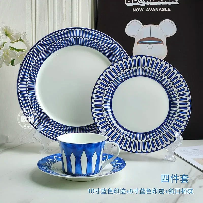 Estilo europeu simples e luxuoso selo azul prato de jantar ocidental bife decoração chá da tarde dim sum bolo talheres