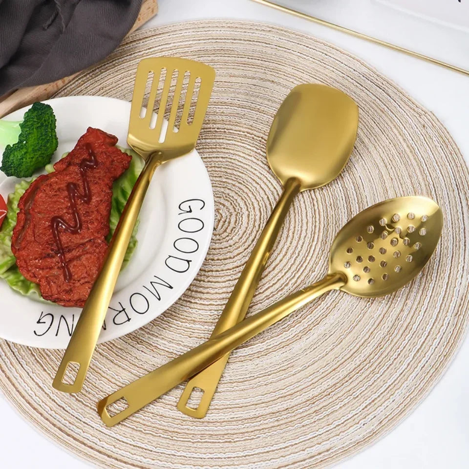 Kit Utensílios Dourados: Aço Inoxidável Premium para Cozinha de Chef