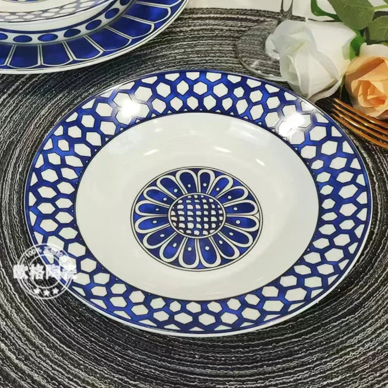 Estilo europeu simples e luxuoso selo azul prato de jantar ocidental bife decoração chá da tarde dim sum bolo talheres