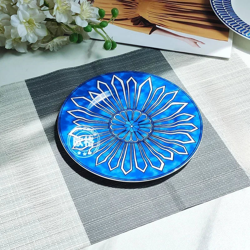 Estilo europeu simples e luxuoso selo azul prato de jantar ocidental bife decoração chá da tarde dim sum bolo talheres