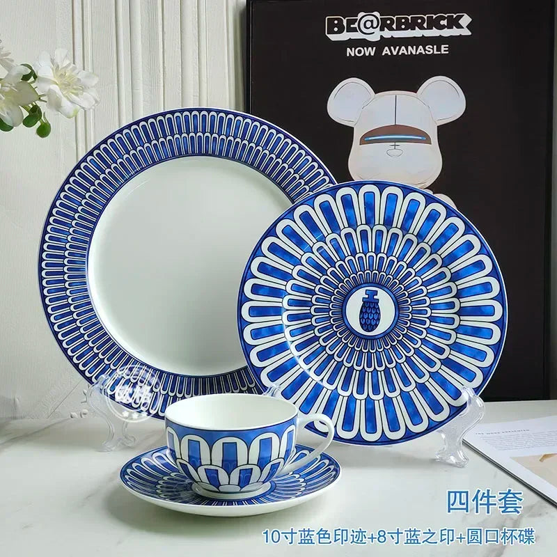 Estilo europeu simples e luxuoso selo azul prato de jantar ocidental bife decoração chá da tarde dim sum bolo talheres
