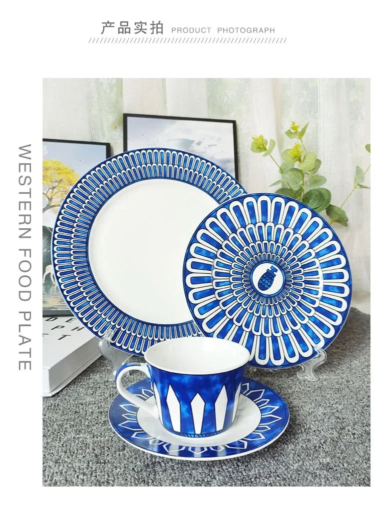 Estilo europeu simples e luxuoso selo azul prato de jantar ocidental bife decoração chá da tarde dim sum bolo talheres