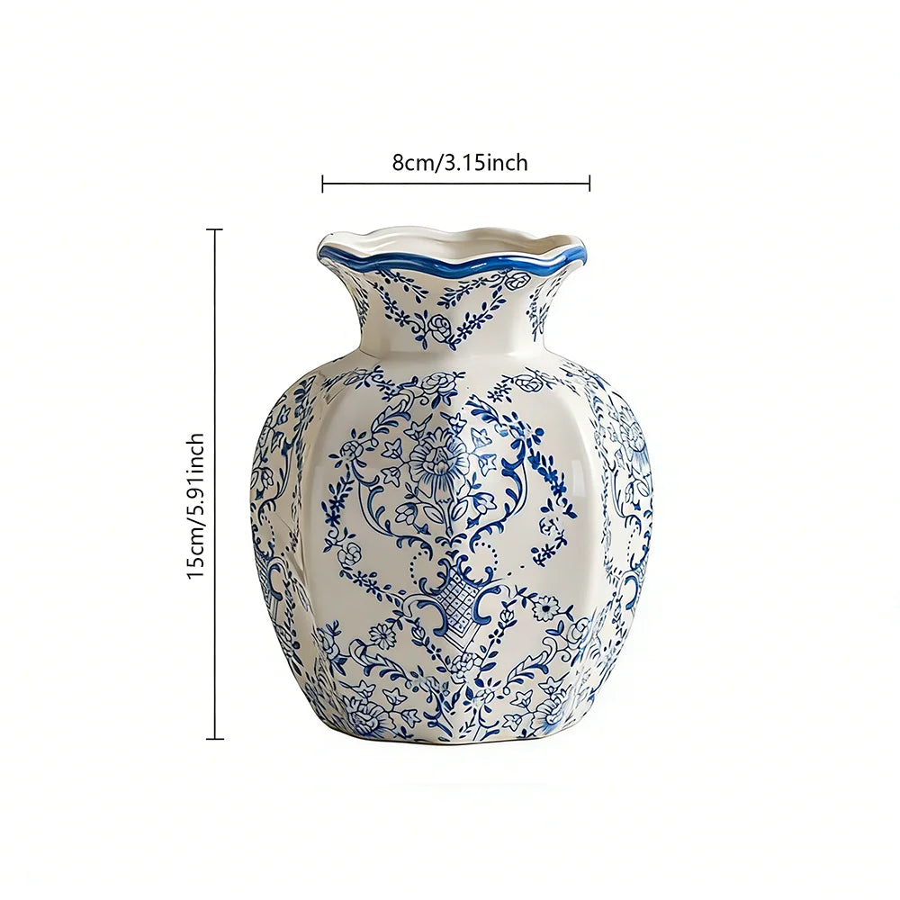 Vaso Cerâmico Clássico Azul e Branco Pintado à Mão