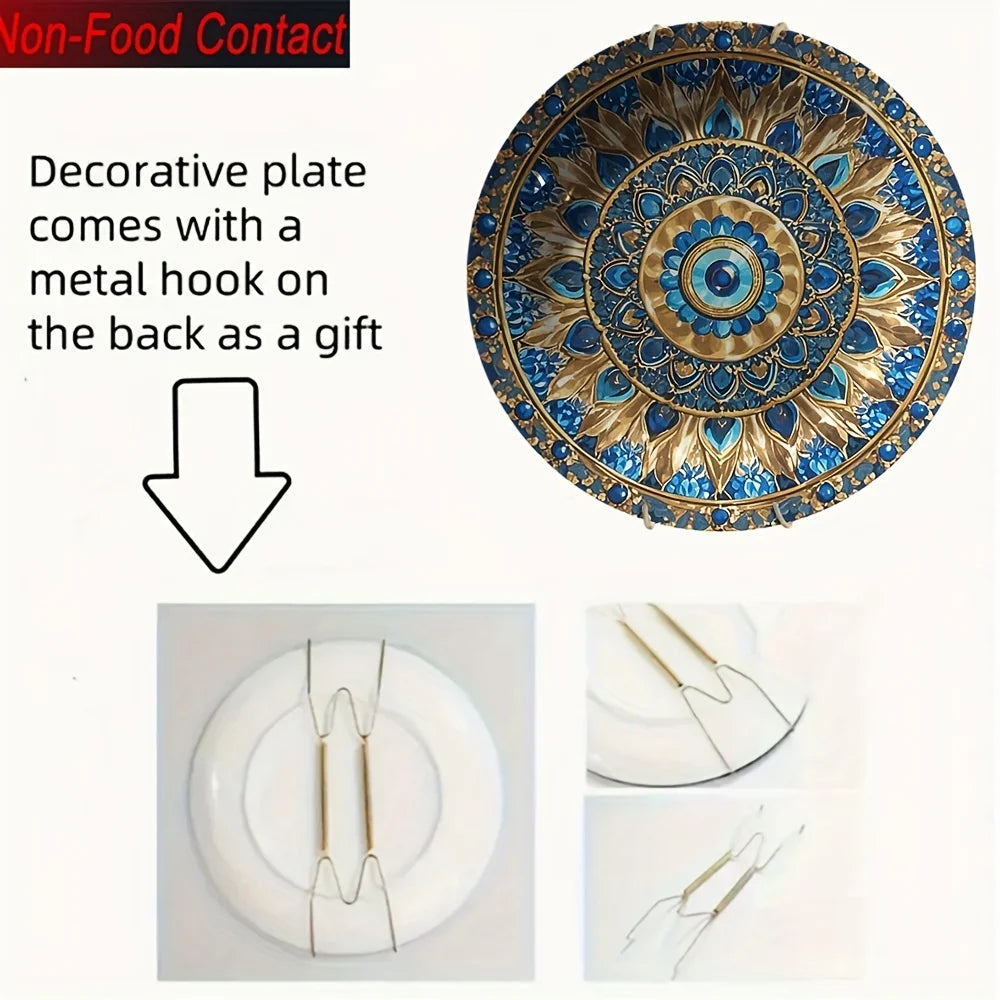 Prato Decorativo de Cerâmica Mandala Azul e Dourado de Luxo