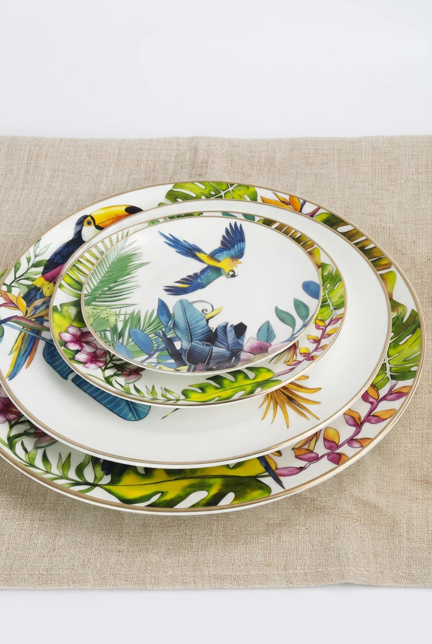 Conjunto de Pratos de Jantar Estilo Boêmio com Estampa de Papagaio Tropical e Flores