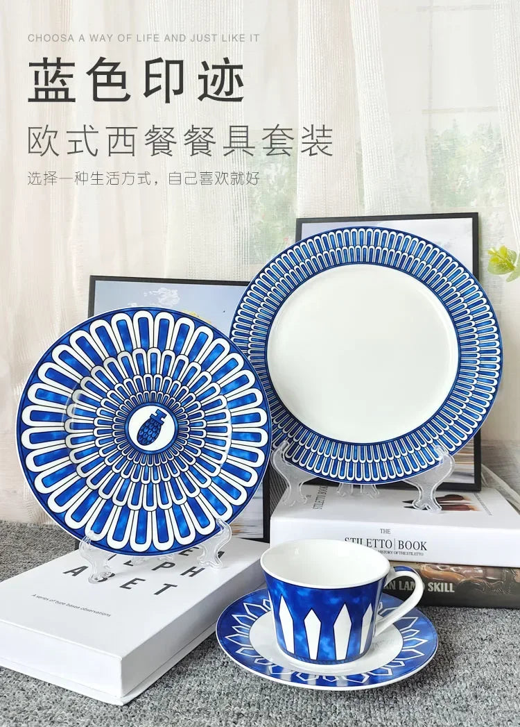 Estilo europeu simples e luxuoso selo azul prato de jantar ocidental bife decoração chá da tarde dim sum bolo talheres