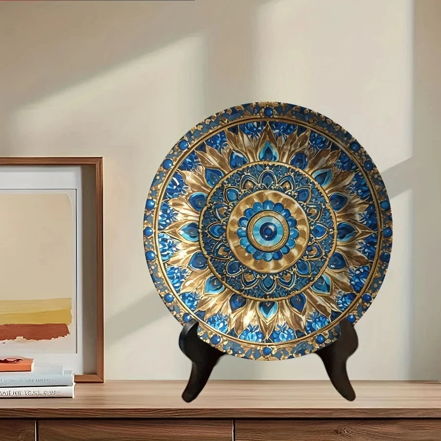Prato Decorativo de Cerâmica Mandala Azul e Dourado de Luxo