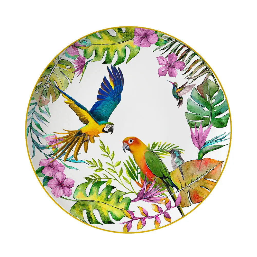 Conjunto de Pratos de Jantar Estilo Boêmio com Estampa de Papagaio Tropical e Flores