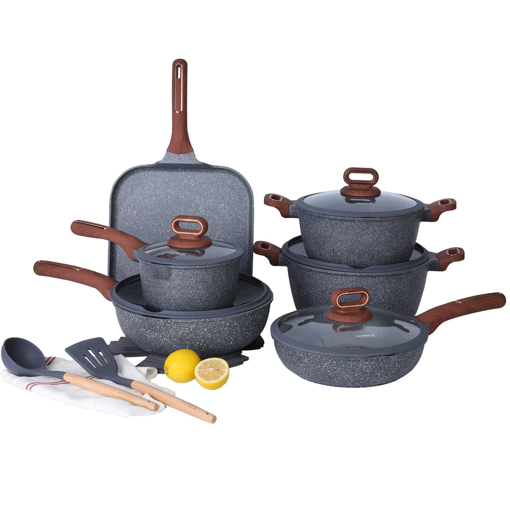 Conjunto de panelas antiaderentes de cerâmica ou granito em tom bege/creme