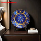Prato Decorativo em Cerâmica Azul e Dourada com Design Floral Europeu,