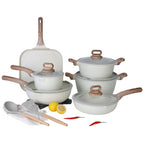 Conjunto de panelas antiaderentes de cerâmica ou granito em tom bege/creme