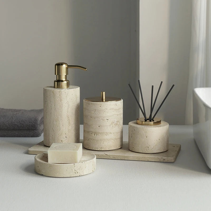 Conjunto de Acessórios de Banheiro em Travertino Luxuoso