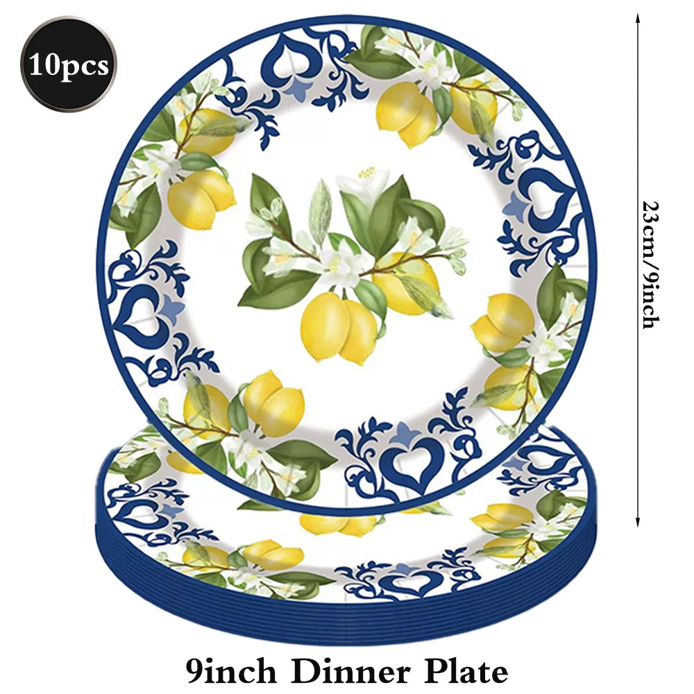 Conjunto de Louças de Festa Mediterrâneo com Azulejos Azuis e Limões, Pratos, Copos e Guardanapos para Decoração de Chá de Panela, Casamento e Aniversário