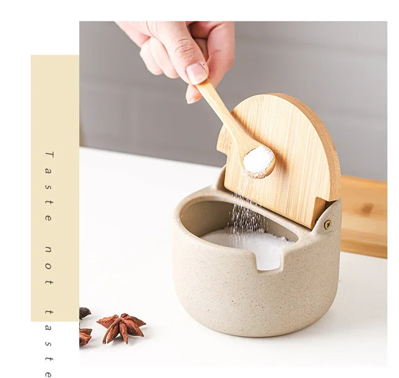 Saleiro ou porta-temperos de cerâmica com colher de bambu