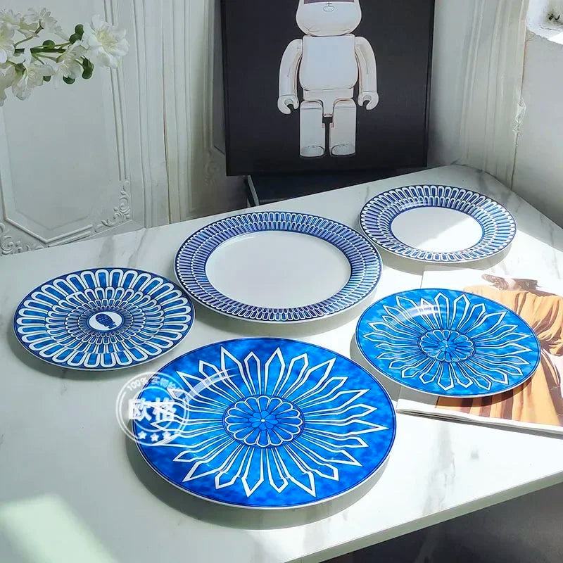 Estilo europeu simples e luxuoso selo azul prato de jantar ocidental bife decoração chá da tarde dim sum bolo talheres