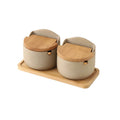 Saleiro ou porta-temperos de cerâmica com colher de bambu