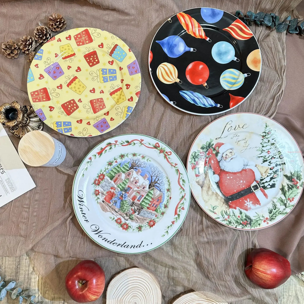 Coleção de Pratos Natalinos: Porcelana Ilustrada com Cenas de Inverno